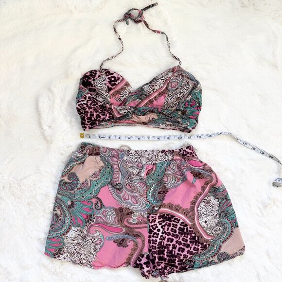Festival Patchwork Psychedelic Halter Top & Shorts Set XS - Pink - Picture 2 of 4